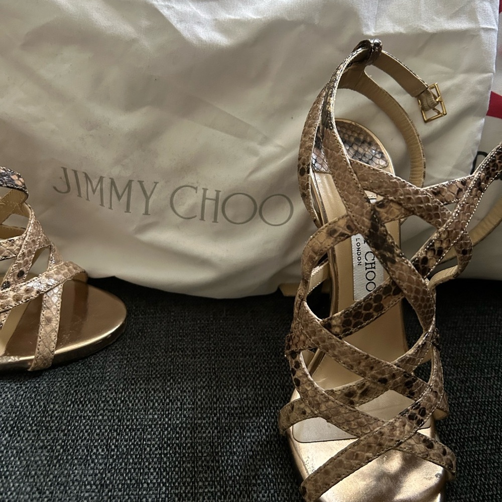 Jimmy Choo Gold Snakeskin Strappy Heels